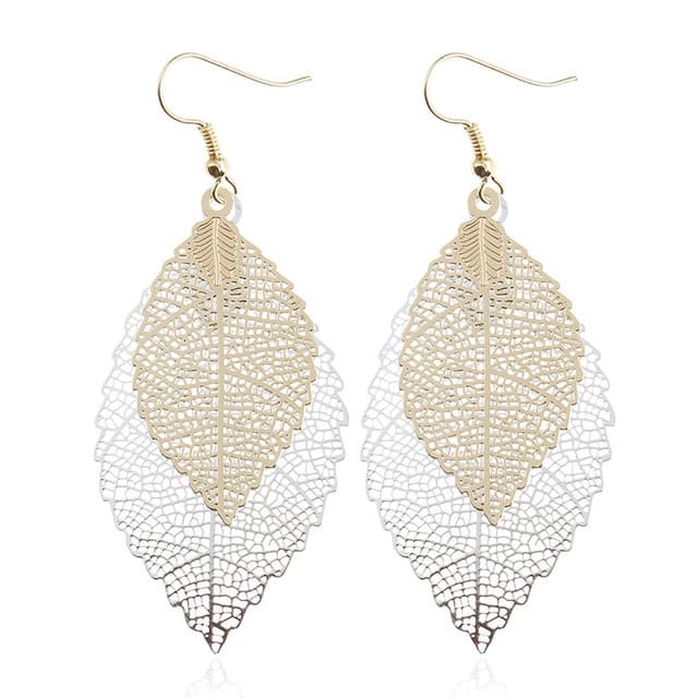 Orecchini a foglia doppia con nappe, semplici retrò in metallo, ornamenti per orecchie (Oro Argento) - Immagine 1