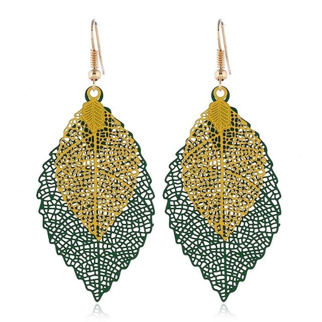 Orecchini a foglia doppia con nappe, semplici e retrò, ornamenti per orecchie in metallo (verde giallo) - Immagine 1