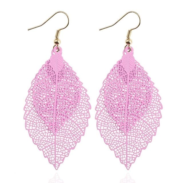 Orecchini a foglia doppia con nappe, semplici e retrò, ornamenti metallici a forma di foglia (Rosa) - Immagine 1