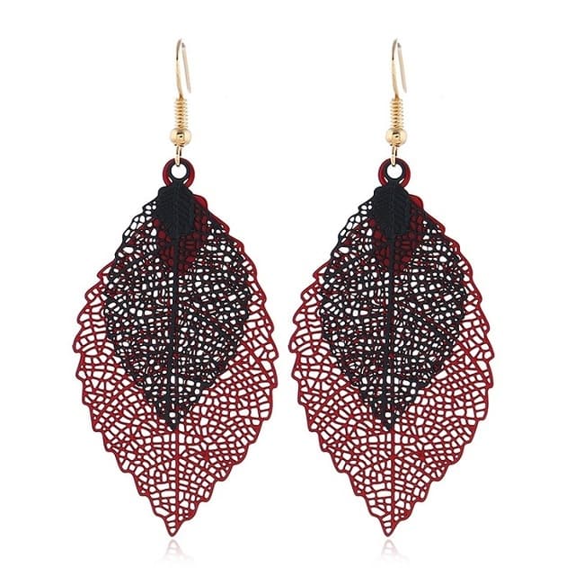 Orecchini a foglia doppia con nappe, semplici retrò, ornamenti per orecchie in metallo (rosso nero) - Immagine 1
