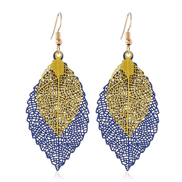 Orecchini a foglia doppia con nappe, semplici e retrò, ornamenti metallici a forma di foglia (blu reale e giallo) - Immagine 1
