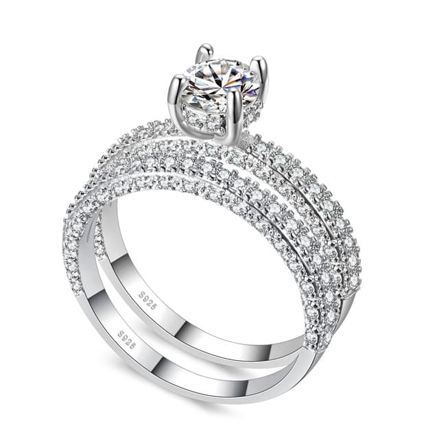 Anello di fidanzamento e nozze in moda con doppia fila di zirconi cubici per donna, misura anello: 10 (oro bianco rotondo) - Immagine 1