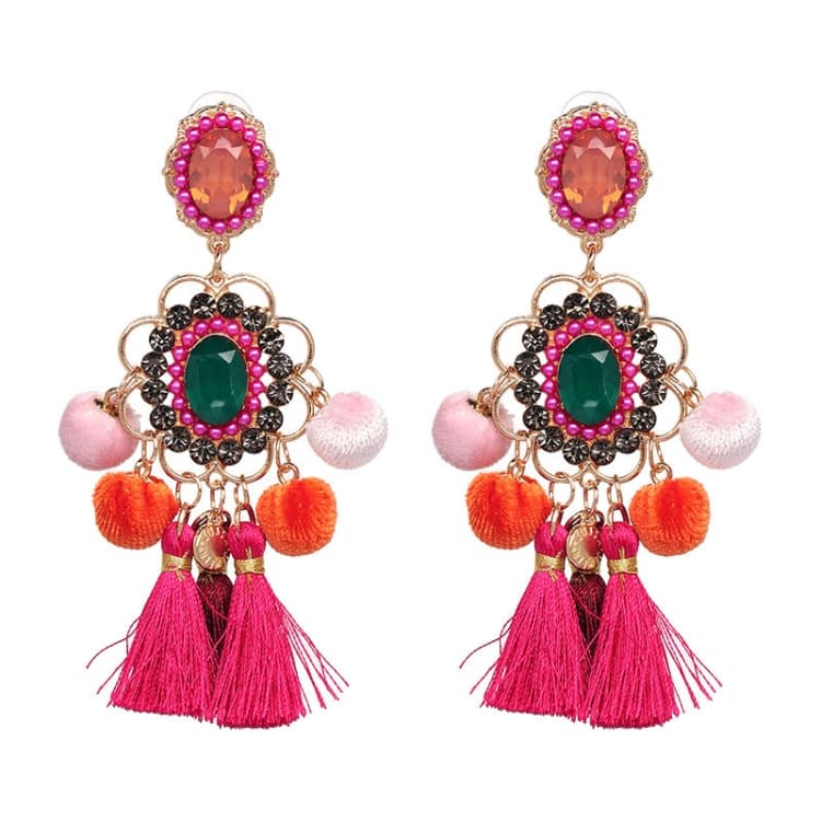 Orecchino a goccia con nappa artigianale, grande orecchino con frange (Rosa) - Immagine 1