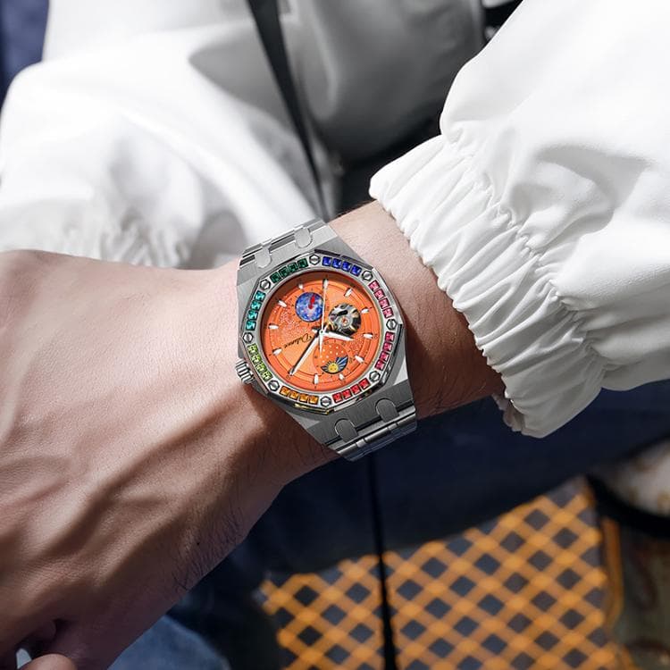 Dulunwe 6030F 30m Waterproof Luminous Mechanical Watch, Color: Steel Strap Orange - Immagine 1