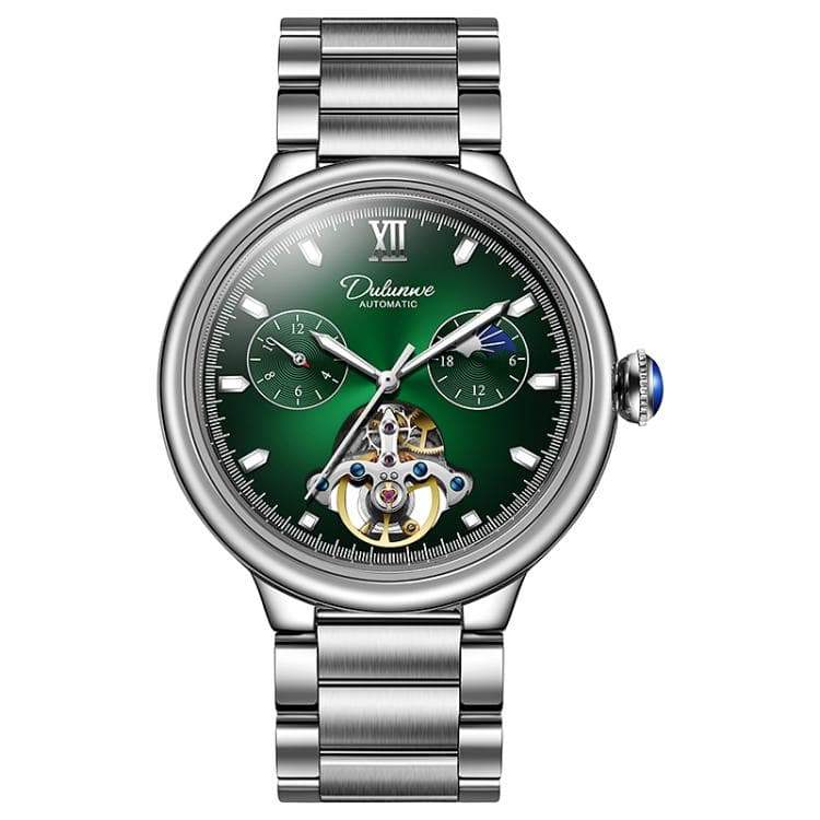 Dulunwe 6049B 30m Waterproof Luminous Flywheel Fully Automatic Mechanical Watch(Green Steel Strap) - Immagine 1