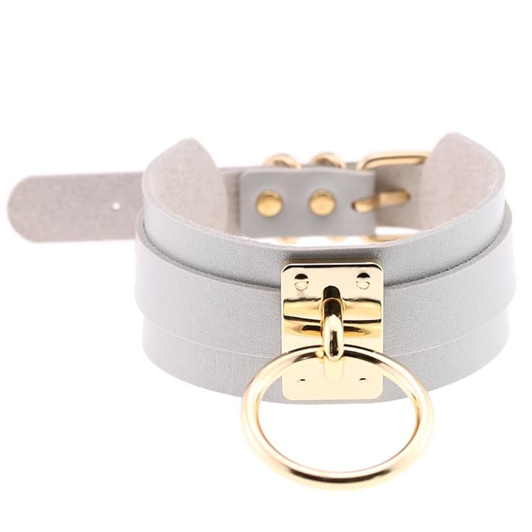 Collana choker a forma di O in pelle PU europea e americana Harajuku con anello singolo dorato per street-snap e nightclub (Grigio) - Immagine 1