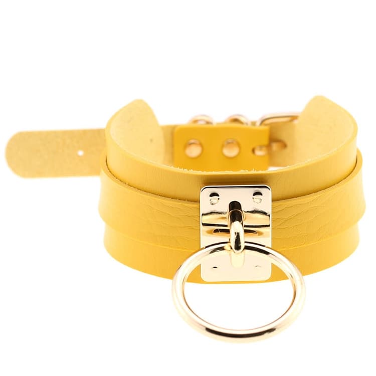 Collana Choker a O in pelle PU europea e americana Harajuku con anello singolo dorato per strada e discoteca (Giallo) - Immagine 1
