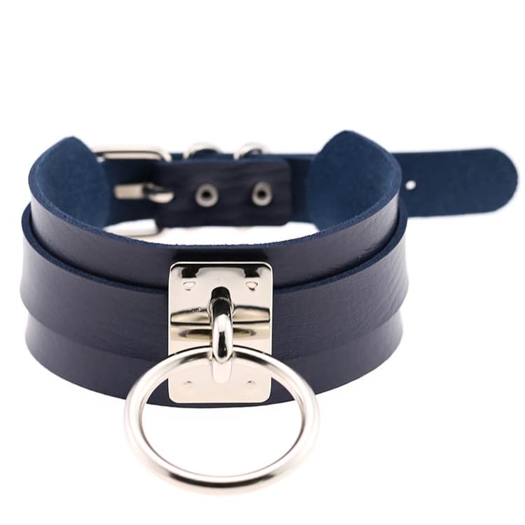 Collana a collare Harajuku europea e americana in pelle PU argento con anello singolo, larga per strada, per nightclub, a forma di O (blu scuro) - Immagine 1