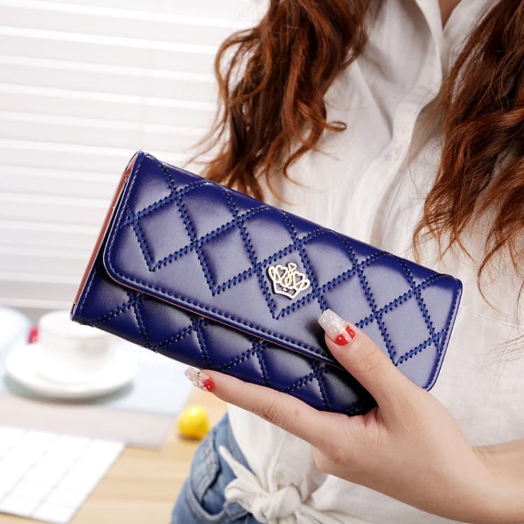 Fashion Argyles Texture Metal Crown 3-Folding Long Design PU Leather Wallet Coin Purse for Women(Dark Blue) - Immagine 1