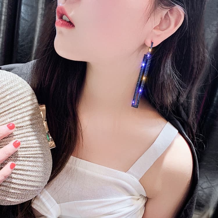 Orecchini a goccia geometrici lunghi moda lusso oro argento colore rettangolo strass (blu) - Immagine 1