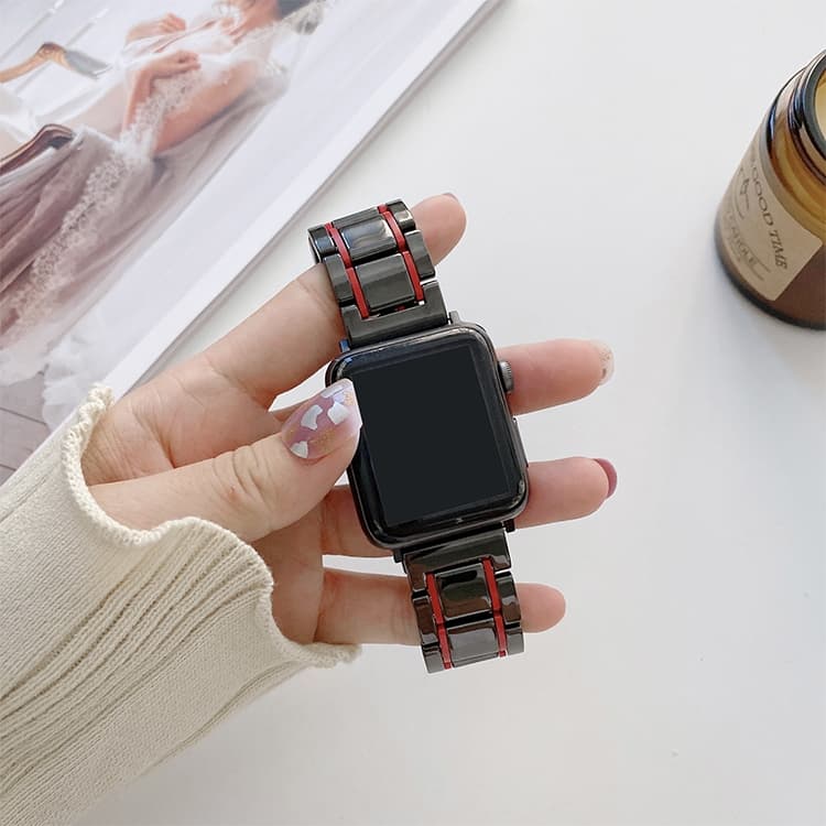 Five Beads Ceramic Steel Watch Band For Apple Watch Ultra 49mm&Watch Ultra 2 49mm / Series 9&8&7 45mm / SE 3&SE 2&6&SE&5&4 44mm / 3&2&1 42mm(Black + Red) - Immagine 1