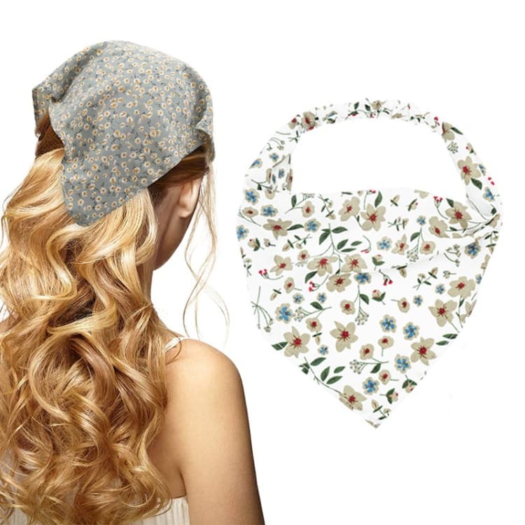 Floral Elastic Band Turban Women Thin Floral Cloth Headscarf Triangle Scarf(Big Floral White) - Immagine 1