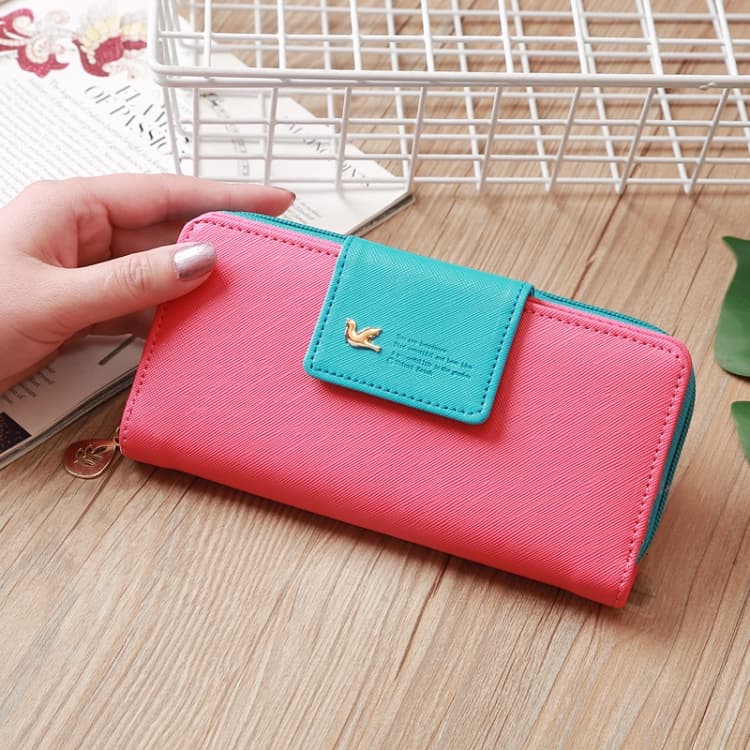 Flying Bird Two Fold Wallet Lady Long Wallet Zipper Mobile Phone Bag Large Capacity Card Holder(Rose Red) - Immagine 1