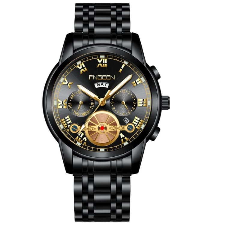FNGEEN 4001 Men Watch Multi-Function Quartz Watch, Colour: Black Steel Black Surface Gold Nails - Immagine 1