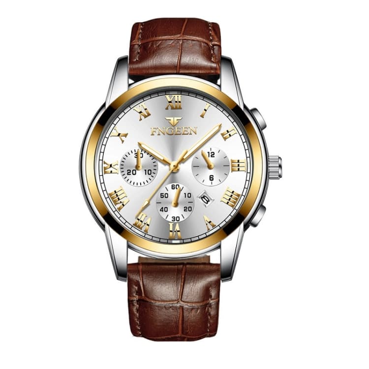 FNGEEN 4006 Men Trendy Waterproof Quartz Watch(Brown Leather Gold White Surface) - Immagine 1