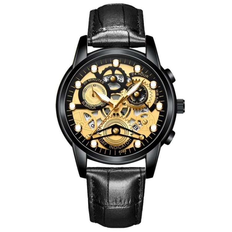 FNGEEN 4088 Men Hollow Quartz Watch Student Waterproof Luminous Watch(All Black Surface Gold Nails) - Immagine 1