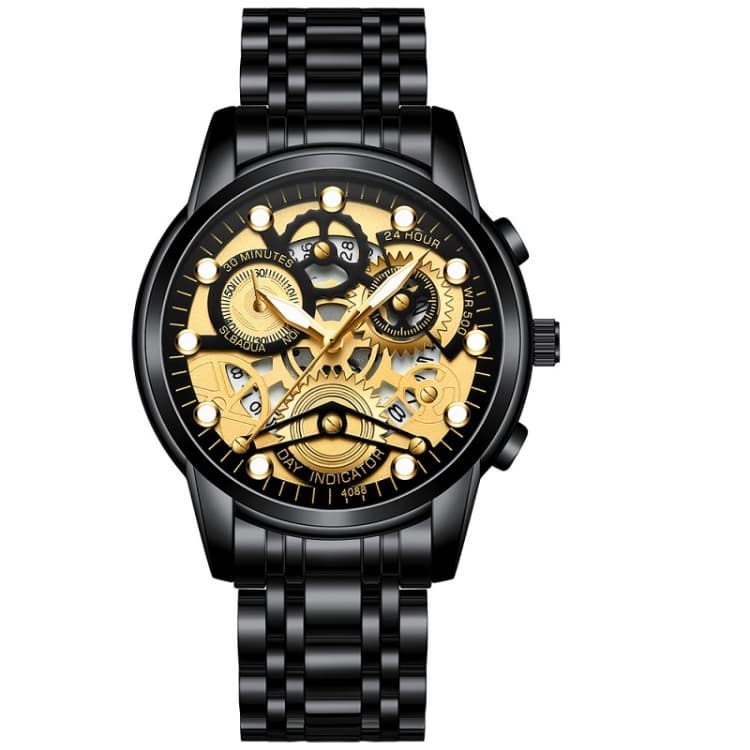 FNGEEN 4088 Men Hollow Quartz Watch Student Waterproof Luminous Watch(Black Steel Black Surface Gold Nails) - Immagine 1