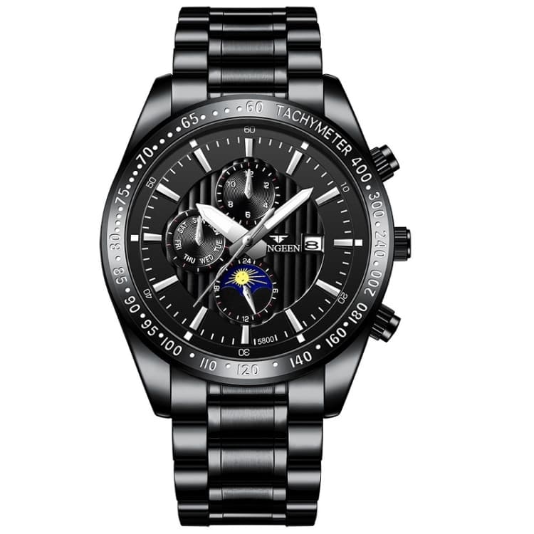 FNGEEN 5800 Men Three Eyes and Six Pins Watch Student Quartz Watch(Black Steel Black Surface) - Immagine 1