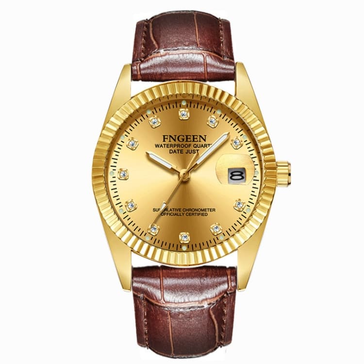 FNGEEN 7008 Men Fashion Diamond Dial Watch Couple Watch(Brown Leather Full Gold Surface) - Immagine 1