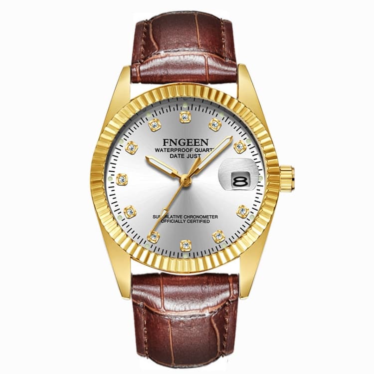 FNGEEN 7008 Men Fashion Diamond Dial Watch Couple Watch(Brown Leather Full Gold White Surface) - Immagine 1