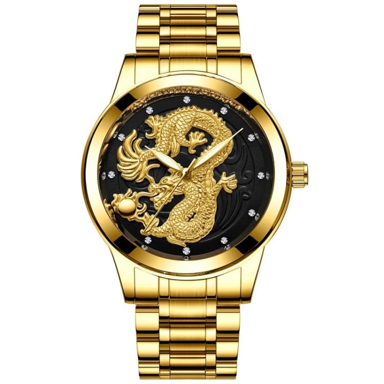 FNGEEN S666 Waterproof Luminous Watch Quartz Ultra-Thin Dragon Or Phoenix Pattern Couple Watch(Full Gold Black Surface) - Immagine 1