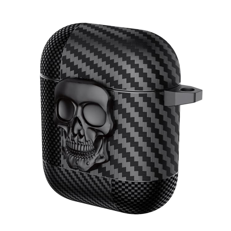Custodia protettiva per auricolari Bluetooth AirPods 1/2 con motivo in fibra di carbonio e lucchetto a teschio (Nero) - Immagine 1