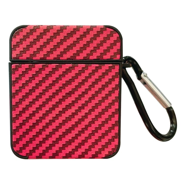 Custodia in pelle quadrata in fibra di carbonio per AirPods 1/2 con moschettone (Rosso) - Immagine 1