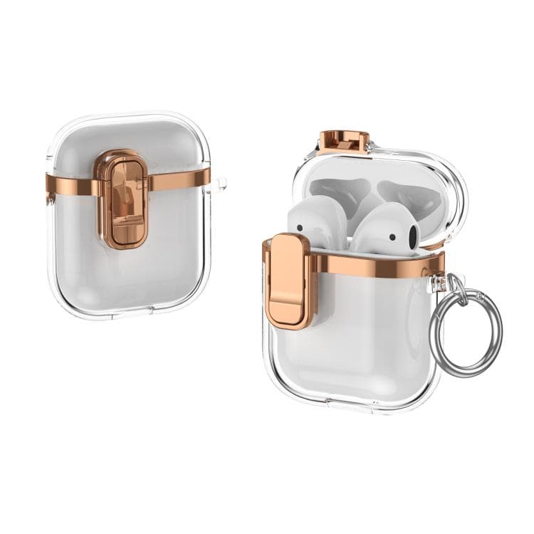 Custodia per auricolari wireless trasparente con placcatura elettrolitica per AirPods 1/2 con lucchetto di sicurezza (Oro Champagne) - Immagine 1