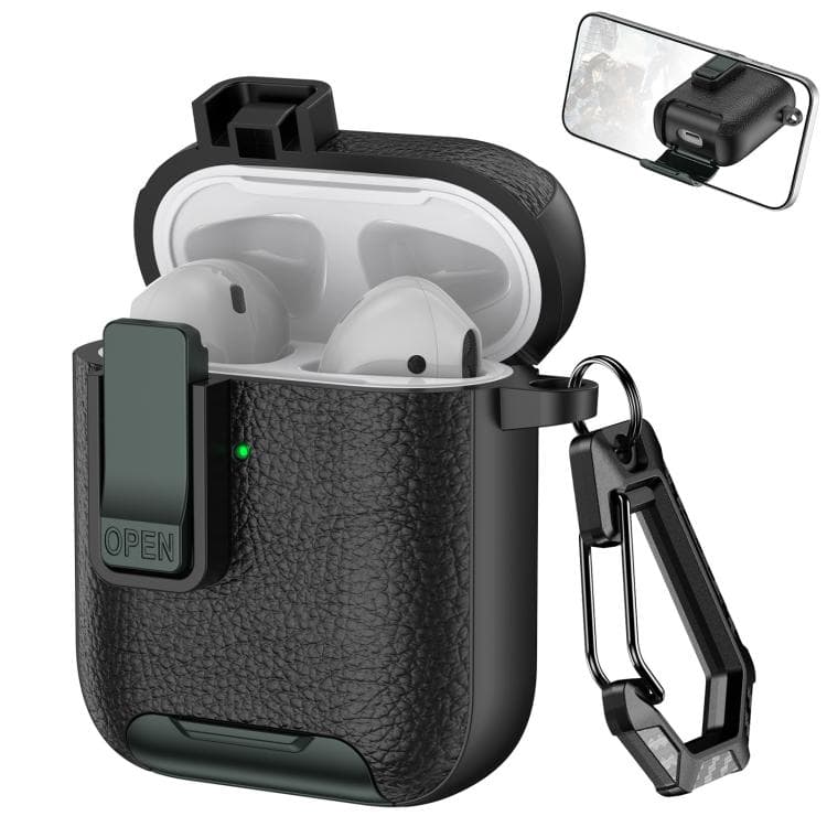 Custodia in similpelle per AirPods 1/2 con gancio e supporto (Nero Verde Militare) - Immagine 1