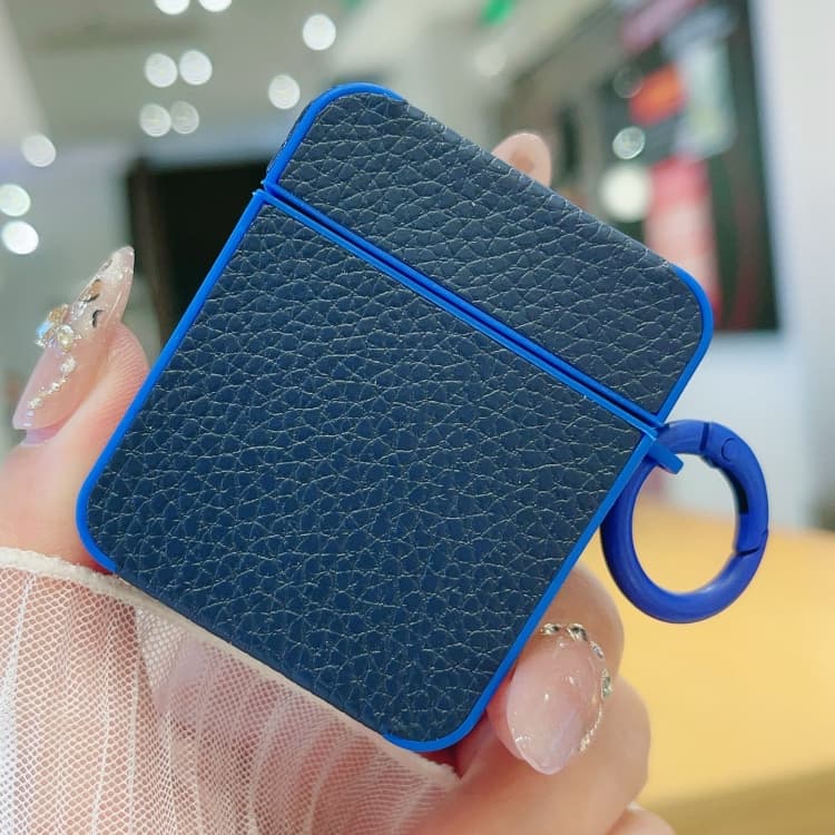 Custodia protettiva in pelle con texture litchi per auricolari AirPods 1/2 (Blu scuro) - Immagine 1