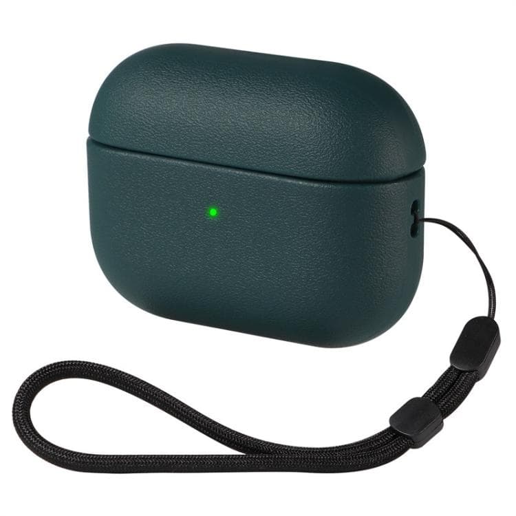 Per AirPods 2/1 Custodia protettiva per auricolari in TPU con texture in pelle morbida e colore solido, con cinturino (verde scuro) - Immagine 1