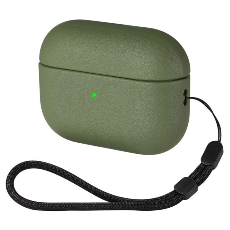 Per AirPods 2/1 Custodia protettiva per auricolari in TPU con texture in pelle morbida e colore solido, con cinturino (verde chiaro) - Immagine 1