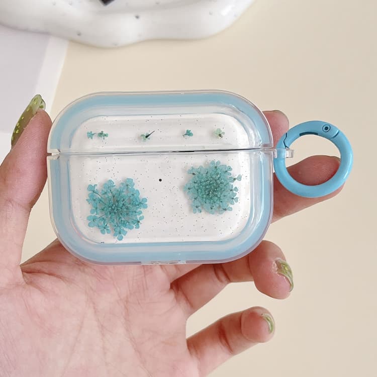 Custodia in TPU per AirPods 3 con brillantini, fiocchi di neve e fiori secchi (Azzurro chiaro) - Immagine 1