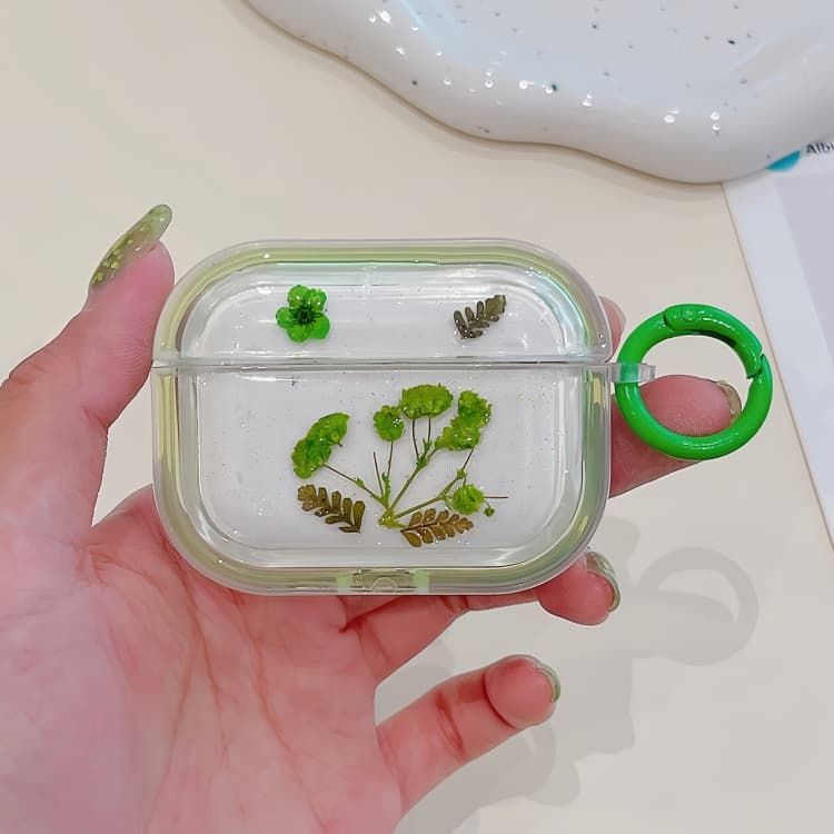 Custodia in TPU per AirPods 3 con glitter, stelle, fiori secchi e resina (Verde) - Immagine 1