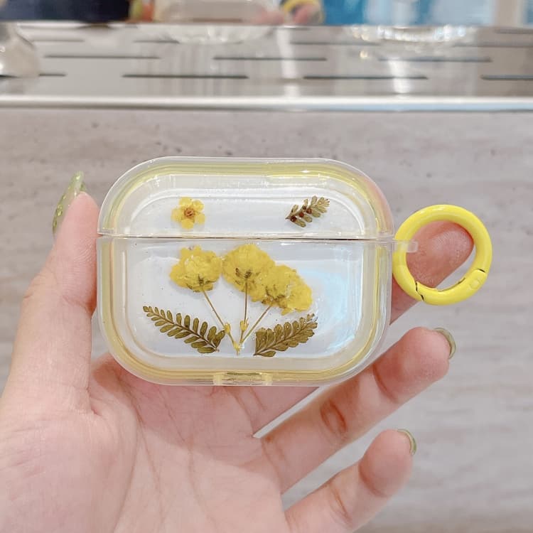 Custodia in TPU per AirPods 3 con brillantini, stelle, fiori secchi e resina (Giallo) - Immagine 1