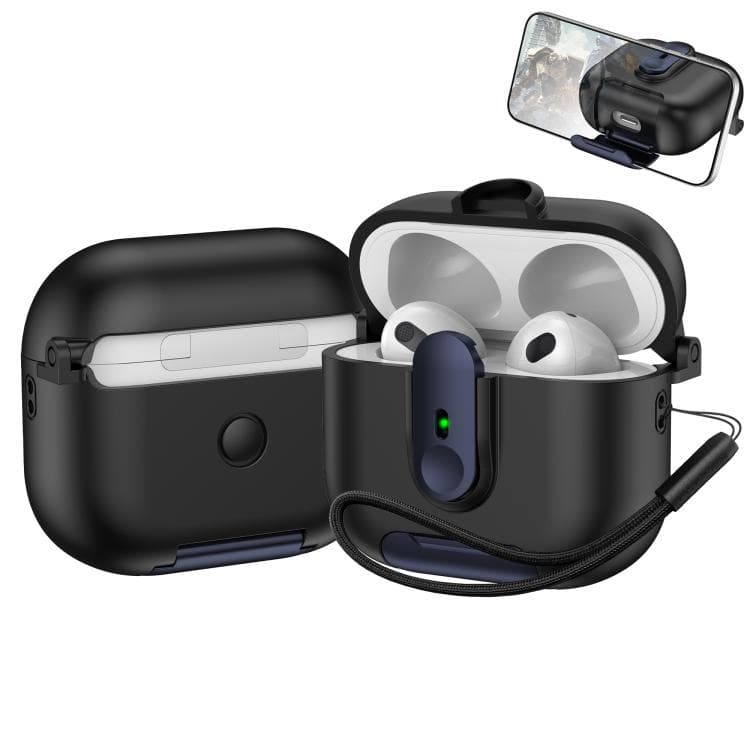 Supporto monopezzo per AirPods 3 con custodia per auricolari wireless e laccetto (Nero Blu Scuro) - Immagine 1