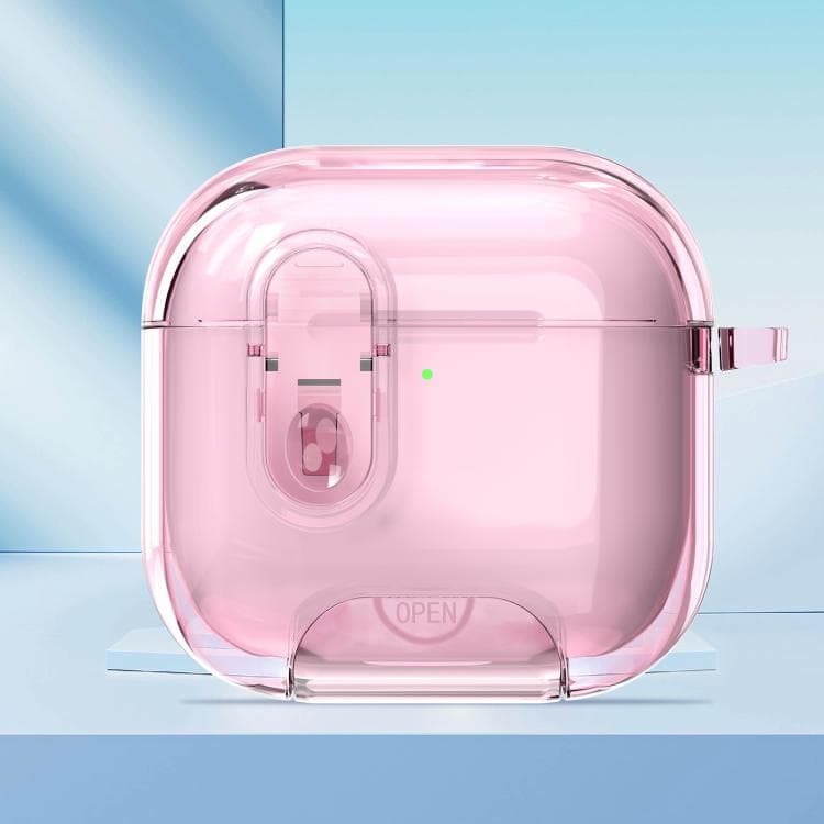 Custodia trasparente con gancio e supporto per AirPods 4, custodia di sicurezza con lucchetto per auricolari wireless (Rosa Trasparente) - Immagine 1
