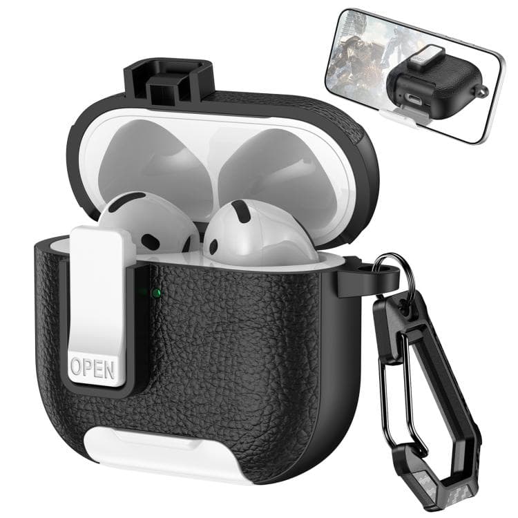 Custodia in similpelle per auricolari wireless AirPods 4 con gancio e supporto (Nero Bianco) - Immagine 1