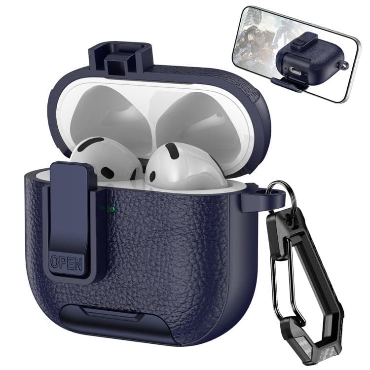 Custodia in similpelle per AirPods 4 con gancio e supporto (Blu scuro) - Immagine 1
