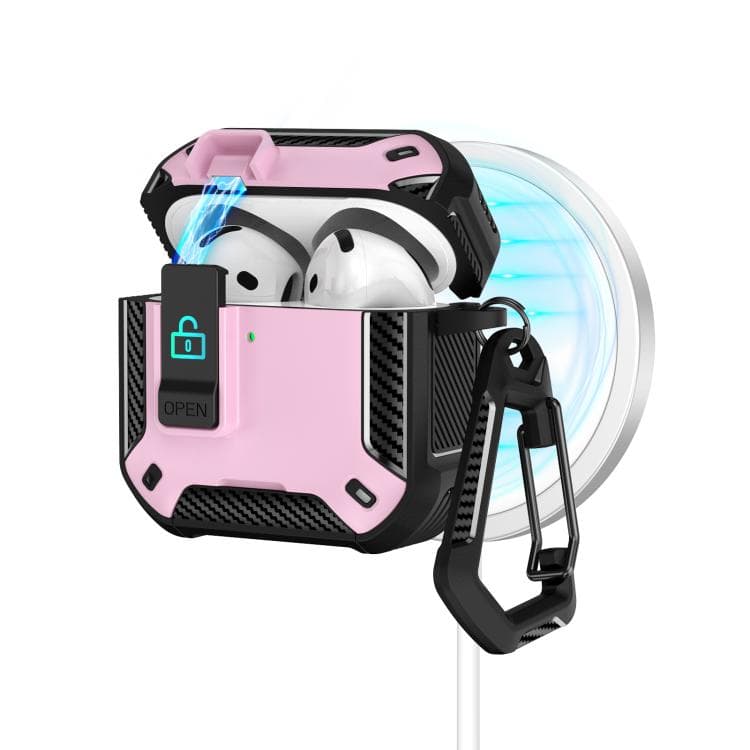 Custodia per auricolari magnetici MagSafe per AirPods 4 in due colori con supporto e lucchetto di sicurezza (Nero Rosa) - Immagine 1