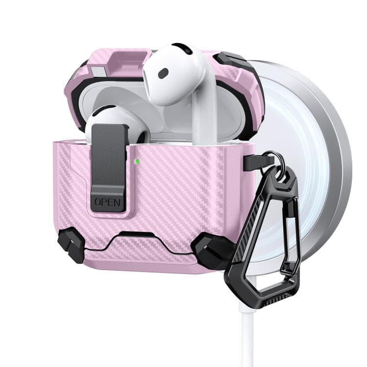 Custodia per AirPods 4 con supporto magnetico MagSafe in due colori, motivo in fibra di carbonio (Nero Rosa) - Immagine 1