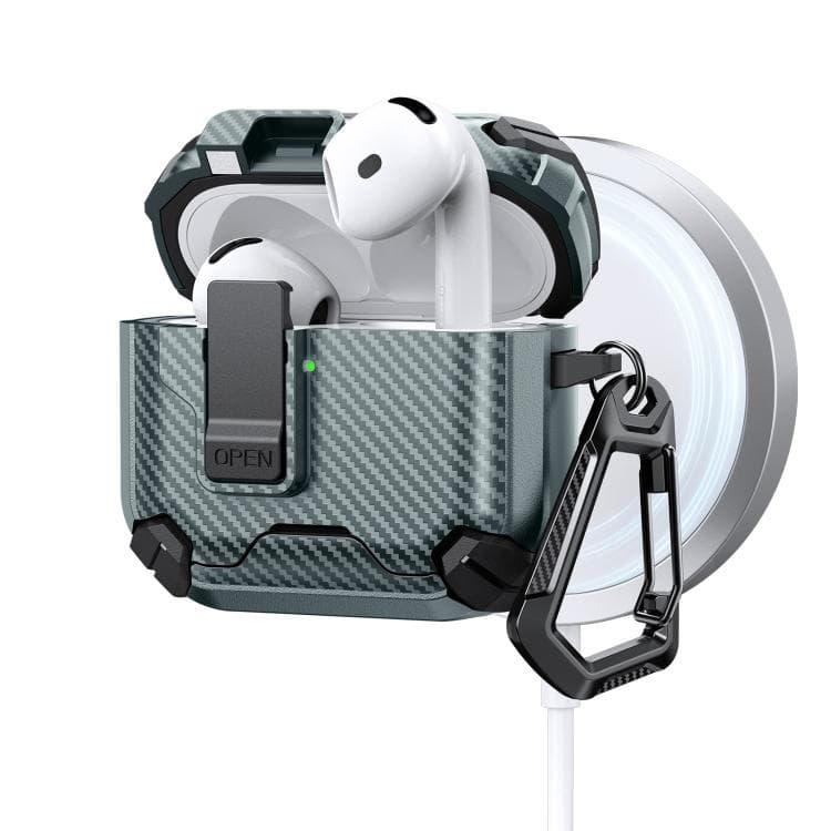 Custodia per auricolari AirPods 4 con motivo in fibra di carbonio, supporto magnetico MagSafe, due colori (Verde) - Immagine 1