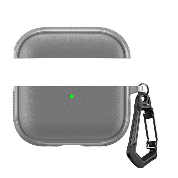 Custodia protettiva per auricolari in pelle vegana con gancio metallico, design diviso per AirPods Pro 2 / AirPods Pro (Grigio) - Immagine 1