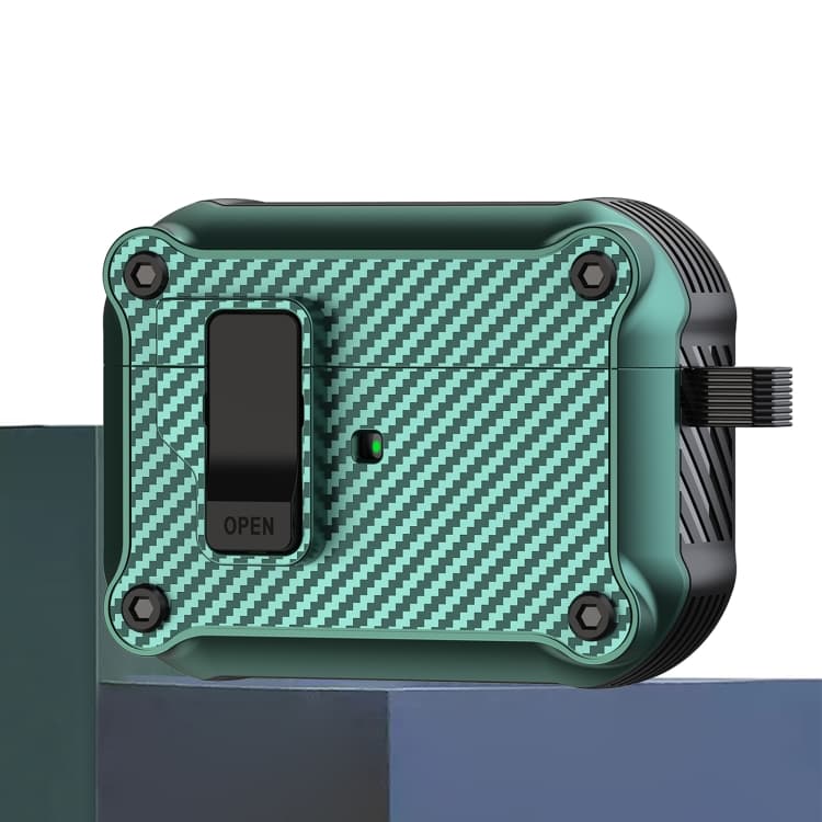 Custodia protettiva per auricolari in fibra di carbonio con interruttore magnetico automatico per AirPods Pro 2 (Verde) - Immagine 1