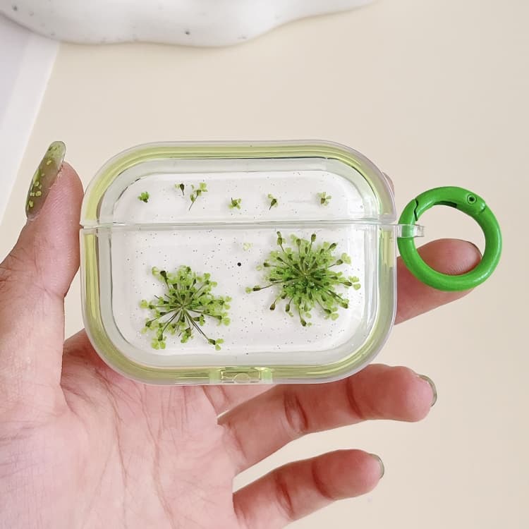 Custodia in TPU per AirPods Pro 2 con glitter, fiocchi di neve, fiori secchi in resina epossidica (Verde) - Immagine 1