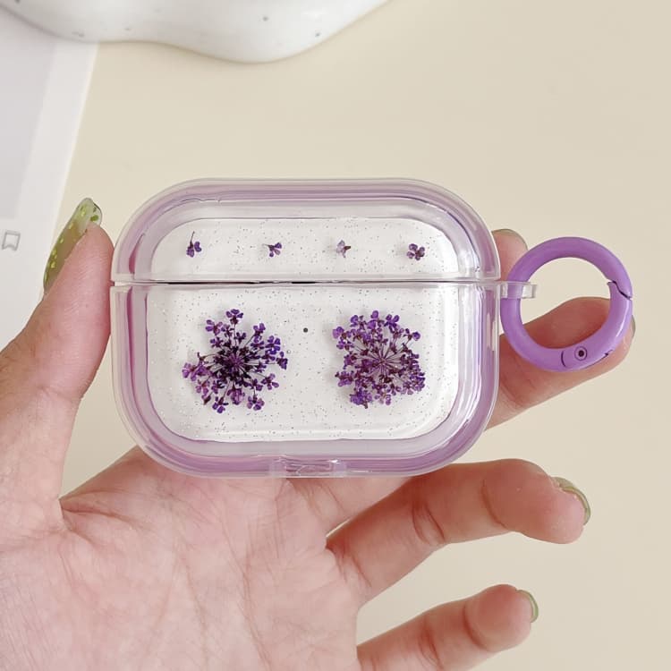 Custodia in TPU per AirPods Pro 2 con glitter, fiocchi di neve, fiori secchi in resina epossidica (viola) - Immagine 1