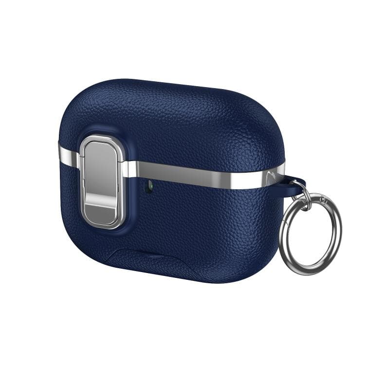 Custodia per AirPods Pro 2 con supporto nascosto, texture in similpelle elettroplaccata, custodia protettiva per auricolari wireless (Blu) - Immagine 1