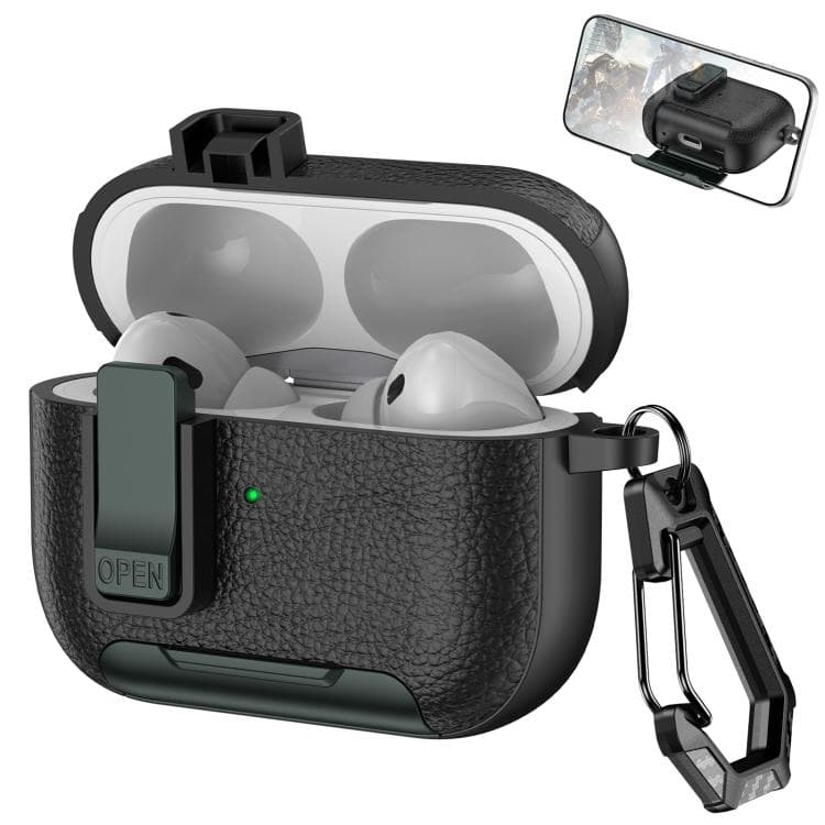 Custodia in similpelle per auricolari wireless AirPods Pro 2 con gancio e supporto (Nero Verde Militare) - Immagine 1