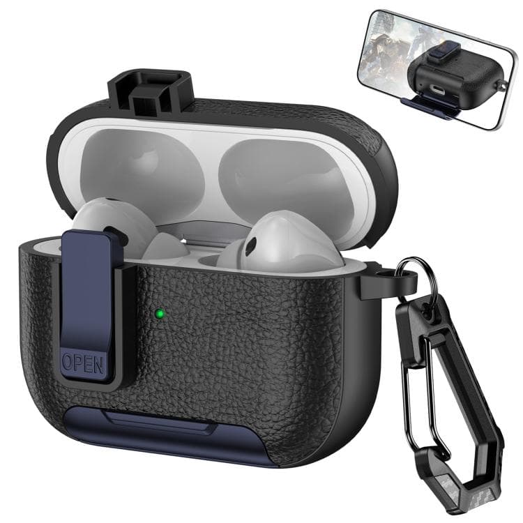 Custodia in similpelle per auricolari wireless AirPods Pro 2 con gancio e supporto (Nero Blu Scuro) - Immagine 1