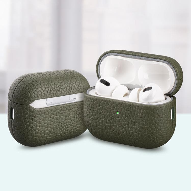 Custodia protettiva in pelle genuina grana litchi per AirPods Pro 2 (Verde militare) - Immagine 1